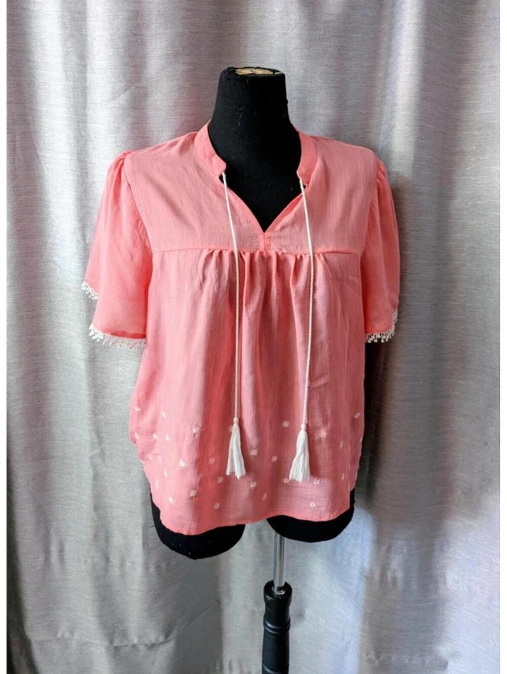 Pink Embroidered Tassel Peasant Top L